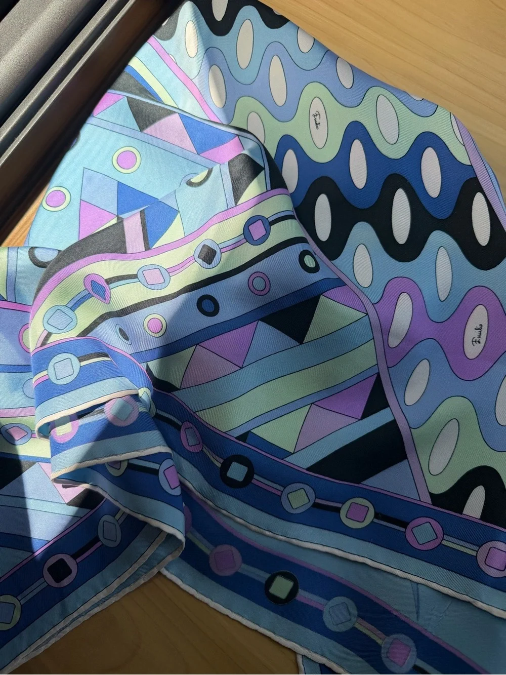 Emilio Pucci Vivara 70s Silk Geometric Pattern Scarf in Blue and Lavender 34x34”
